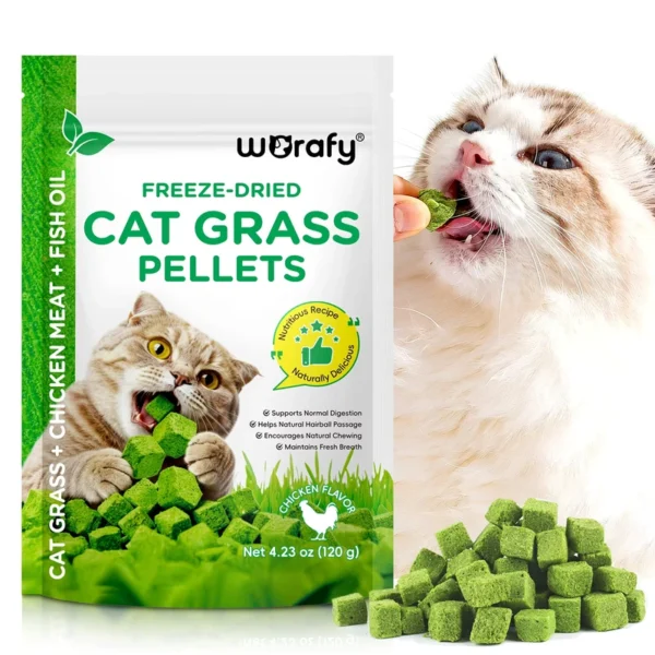 Private-Label-120g-Pet-Treats-Hairball-Removal-Digestive-Support-Chicken-Flavor-Freeze-Dried-Cat-Grass-Pellets-for-Cats